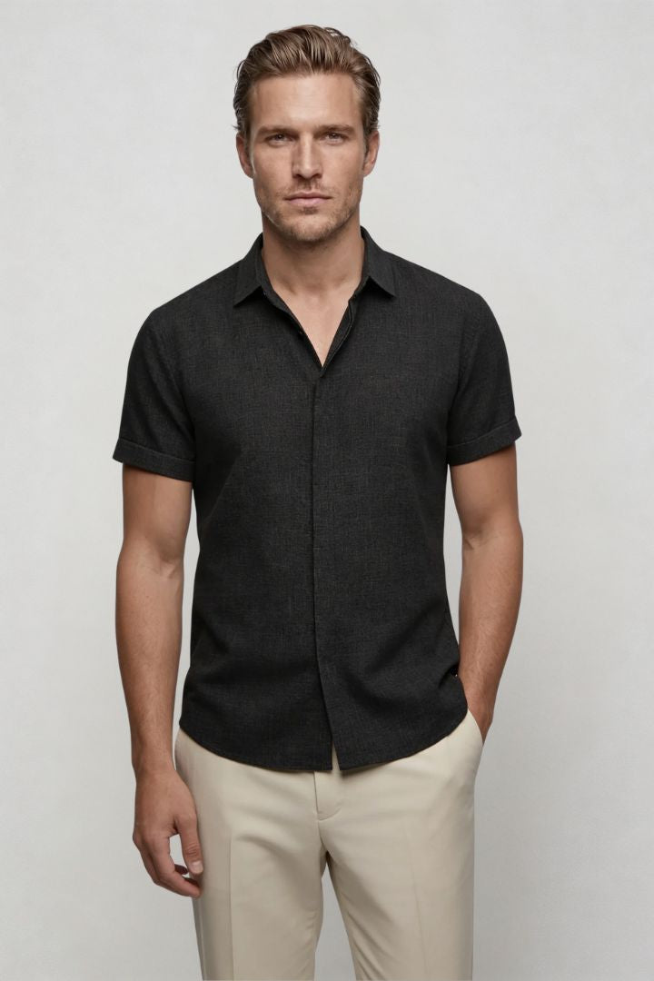 Men’s linen blend short sleeve Riviera shirt designed for breathable summer comfort in black