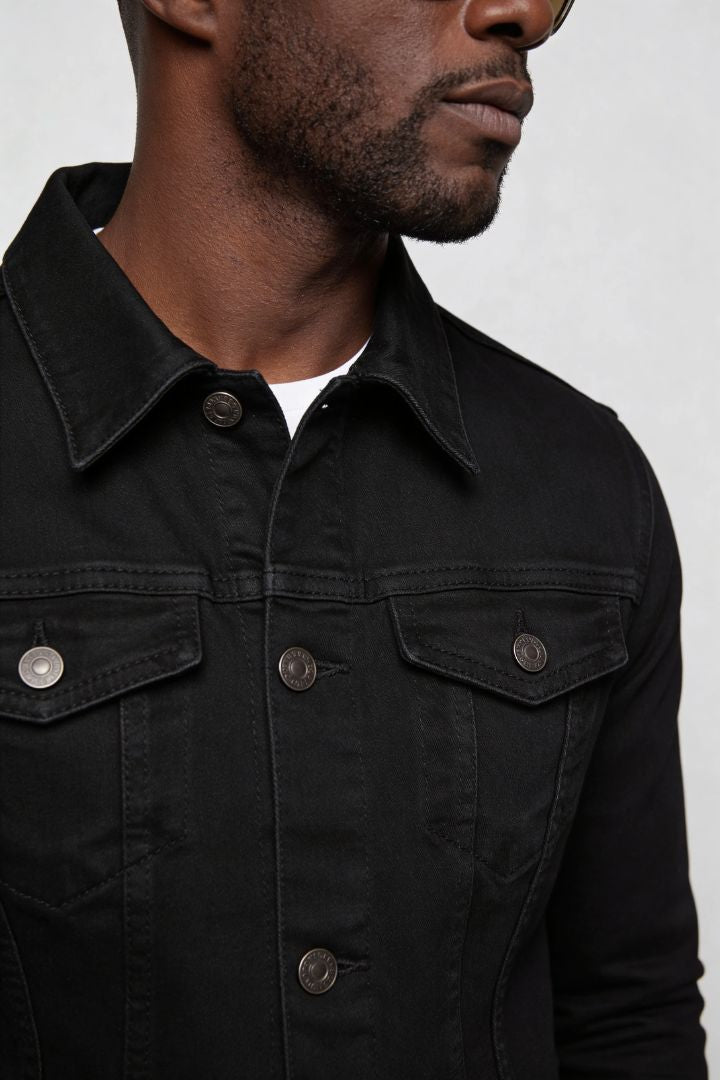 mens black denim jacket slim fit cotton trucker style close-up