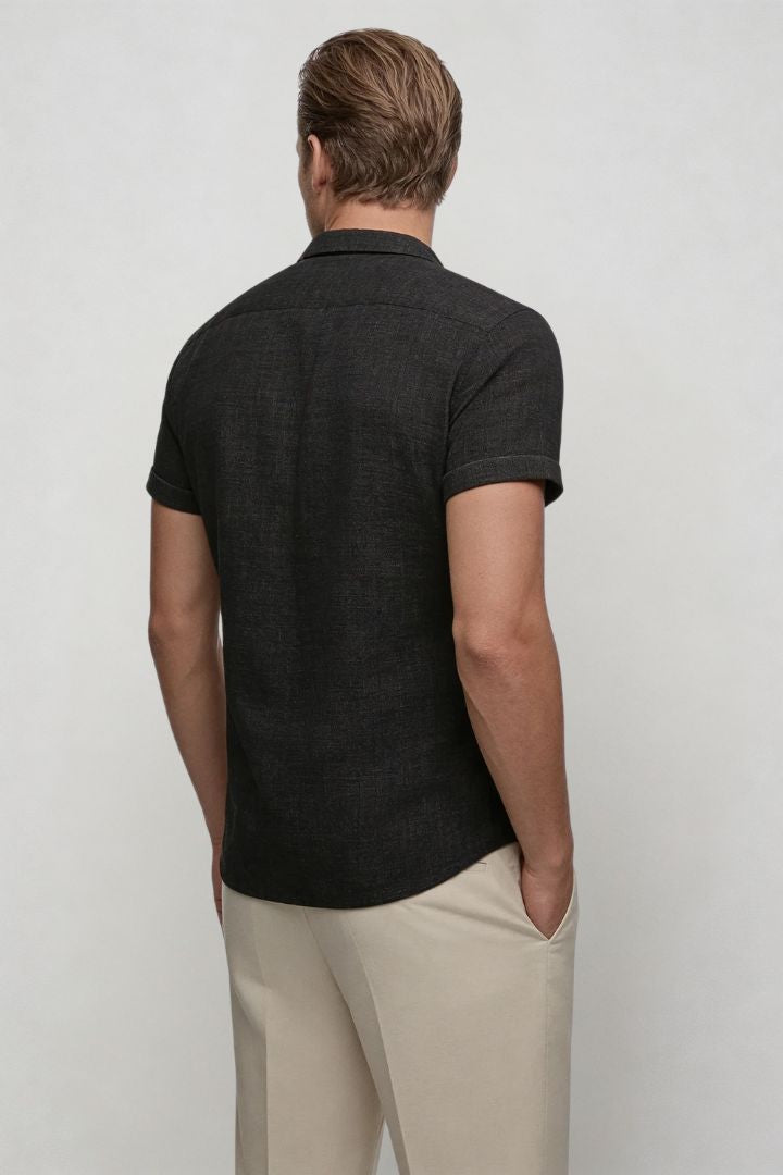 Men’s linen blend short sleeve Riviera shirt designed for breathable summer comfort in black back view