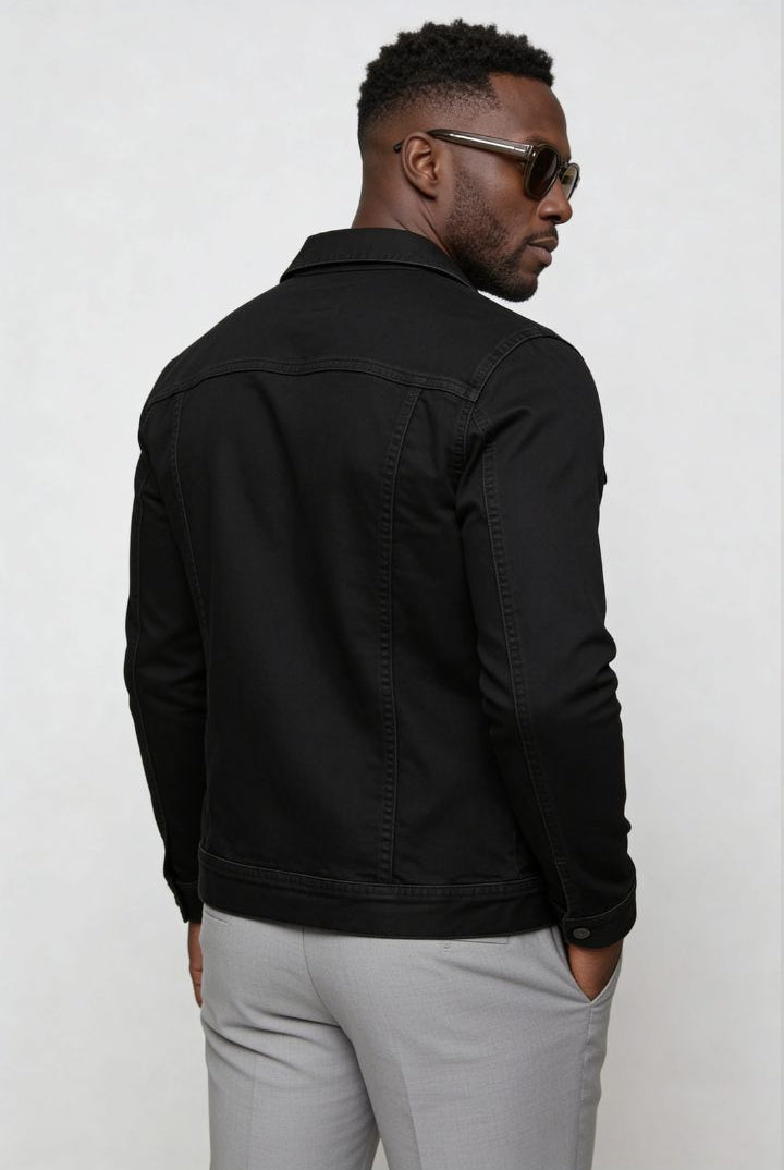 mens black denim jacket slim fit cotton trucker style back