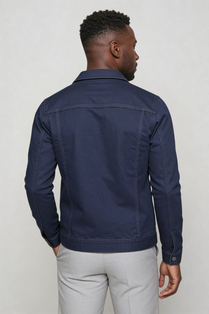 mens navy denim jacket slim fit cotton trucker style back