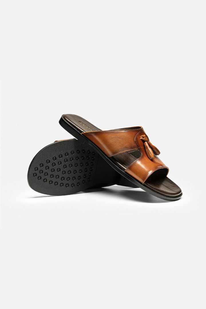 Brown genuine leather tassel slide sandals men