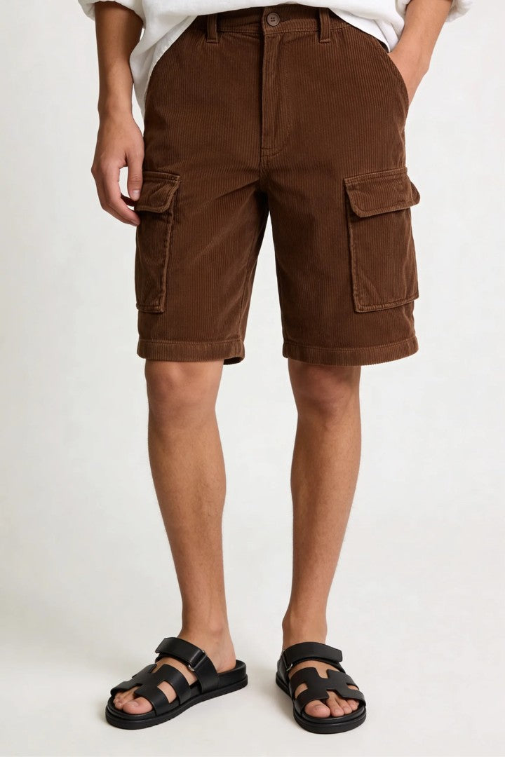 Men's corduroy cargo shorts relaxed fit textured summer shorts with utility pockets brown