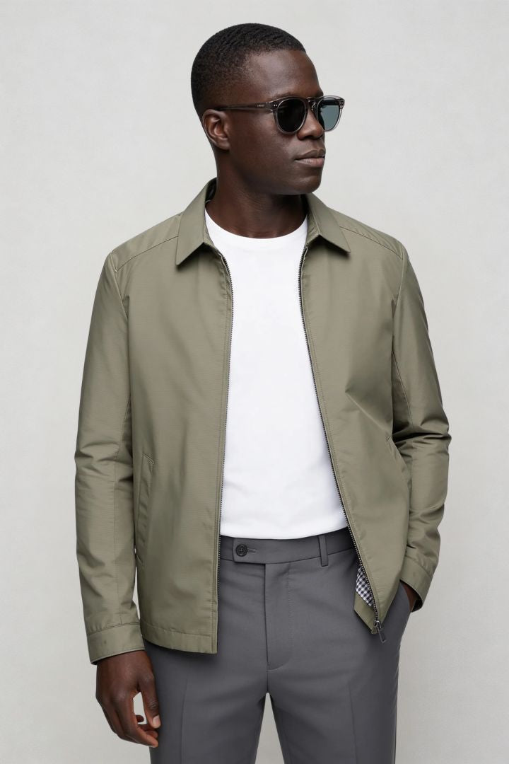Walker Lightweight Essential Jacket – Olive Lightweight Polyester – Structured Zip Front – Modern Fit – Front View