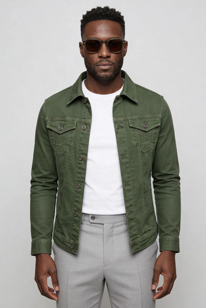 mens army green denim jacket slim fit cotton trucker style front side