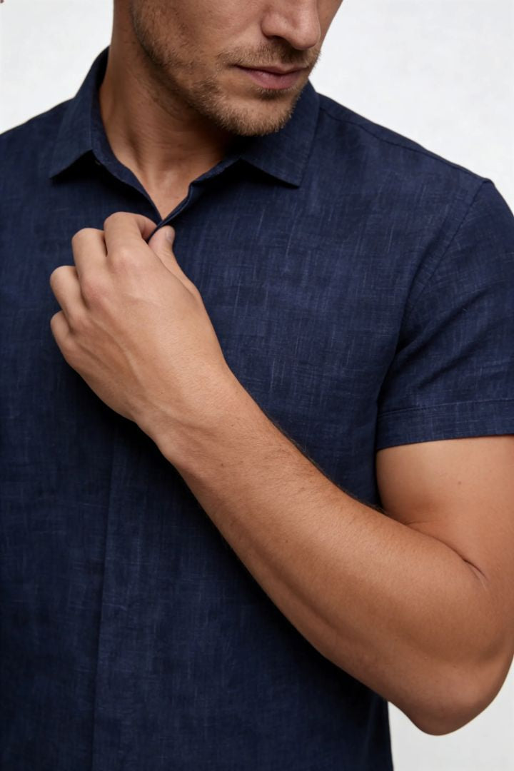Men’s linen blend short sleeve Riviera shirt designed for breathable summer comfort in navy close-up