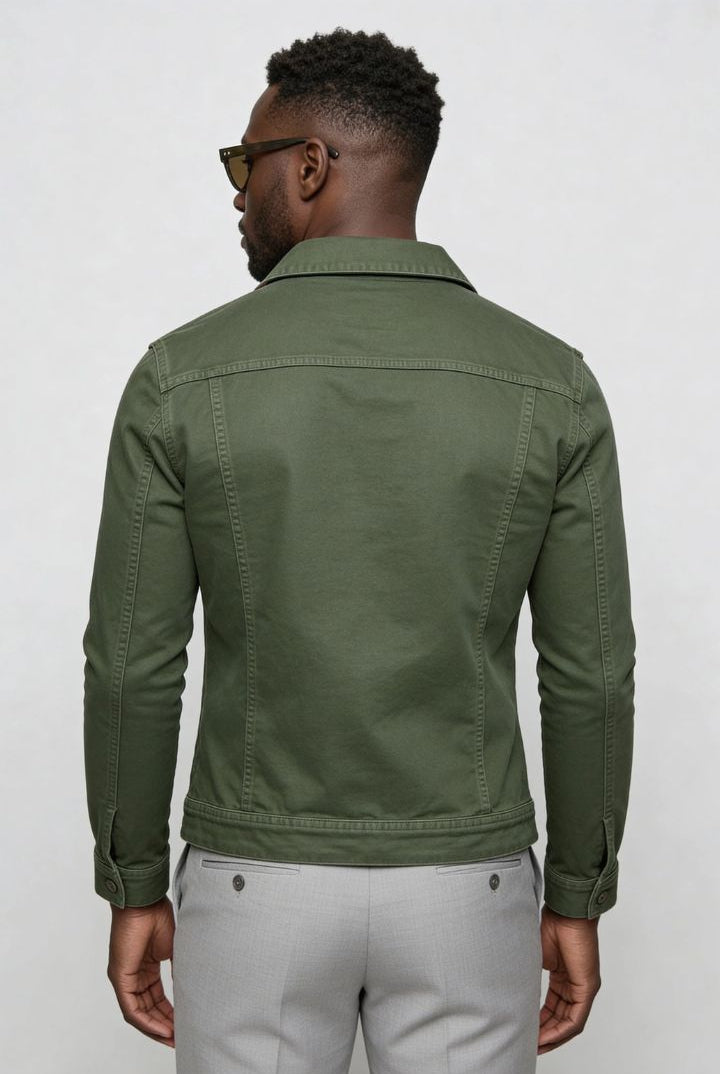 mens army green denim jacket slim fit cotton trucker style back
