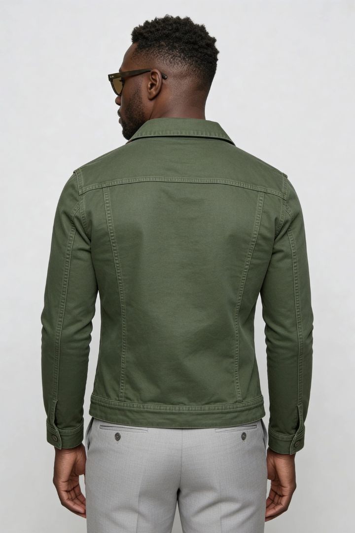 mens army green denim jacket slim fit cotton trucker style back