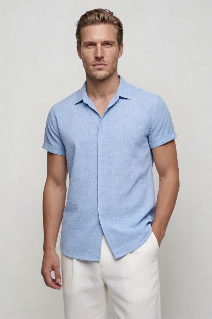 Men’s linen blend short sleeve Riviera shirt designed for breathable summer comfort in blue