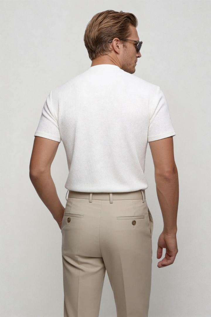 Men's waffle knit half-zip t-shirt with textured cotton blend fabric and modern tailored fit, refined casual menswear essential in white back view