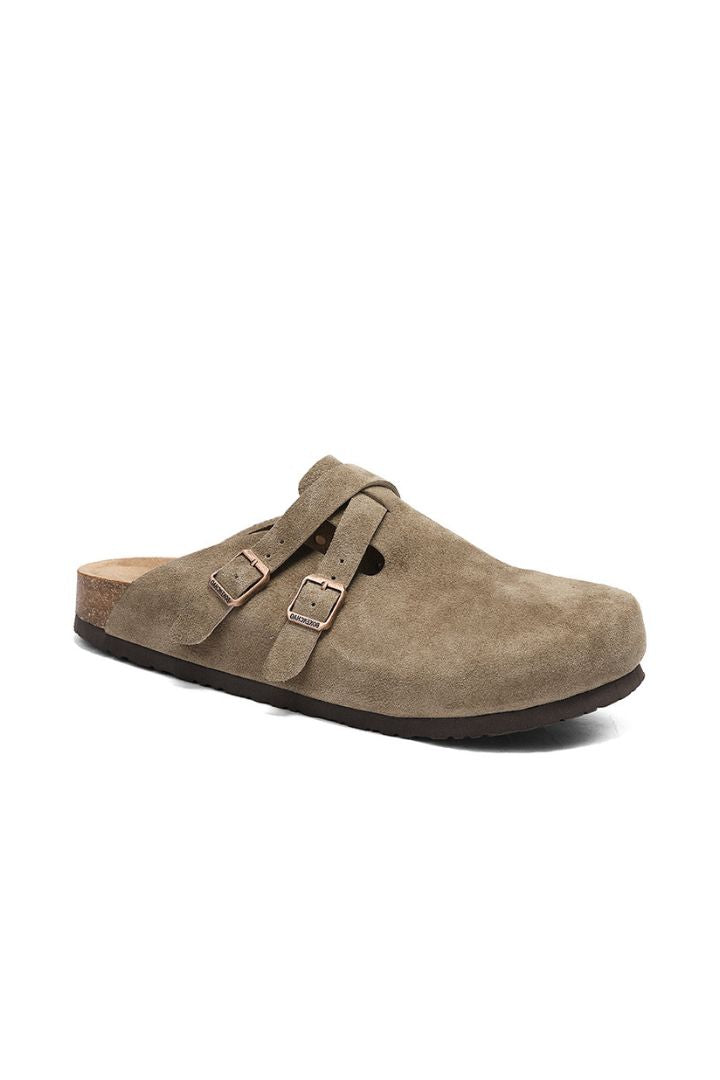 Men’s suede double-buckle clog sandals with adjustable straps and cushioned slip-on summer design in olive green