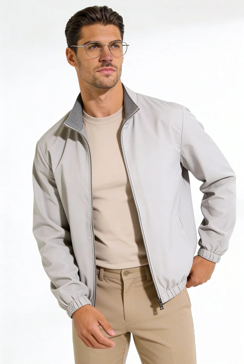 Men wearing a premium reversible gray lightweight jacket with a clean, tailored fit, designed for versatile everyday layering.