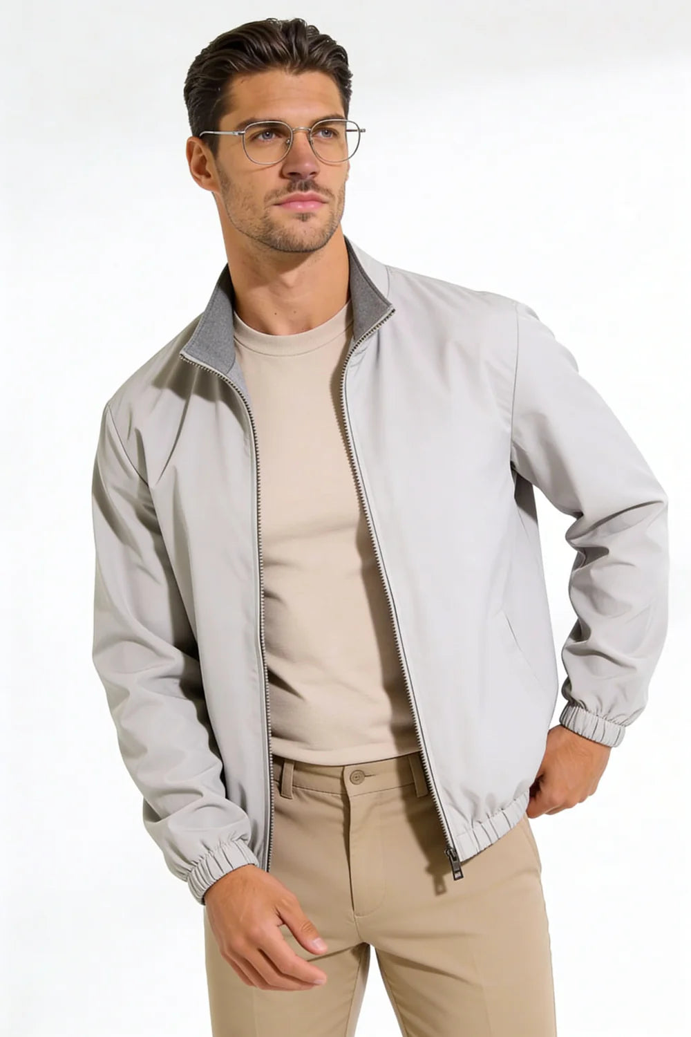 Men wearing a premium reversible gray lightweight jacket with a clean, tailored fit, designed for versatile everyday layering.