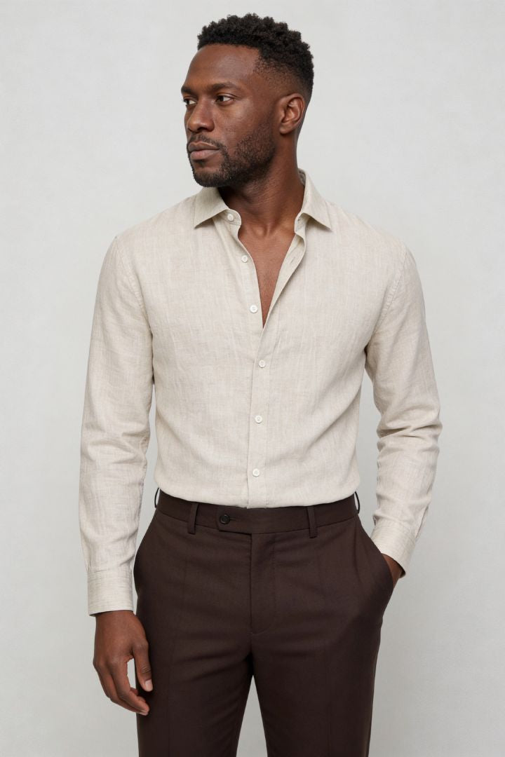 Men’s 100% linen button up shirt in light beige with tailored fit