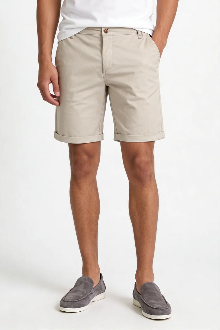 Men’s khaki cotton chino shorts with tailored fit designed for breathable summer comfort