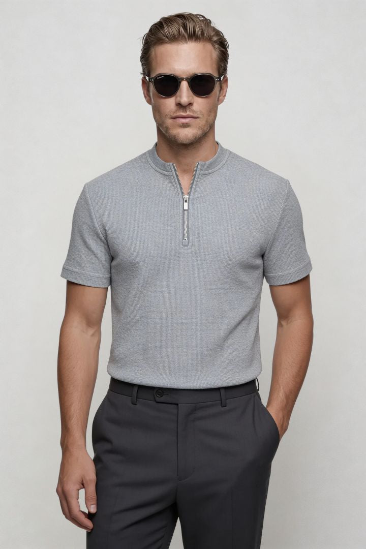 Men's waffle knit half-zip t-shirt with textured cotton blend fabric and modern tailored fit, refined casual menswear essential in gray