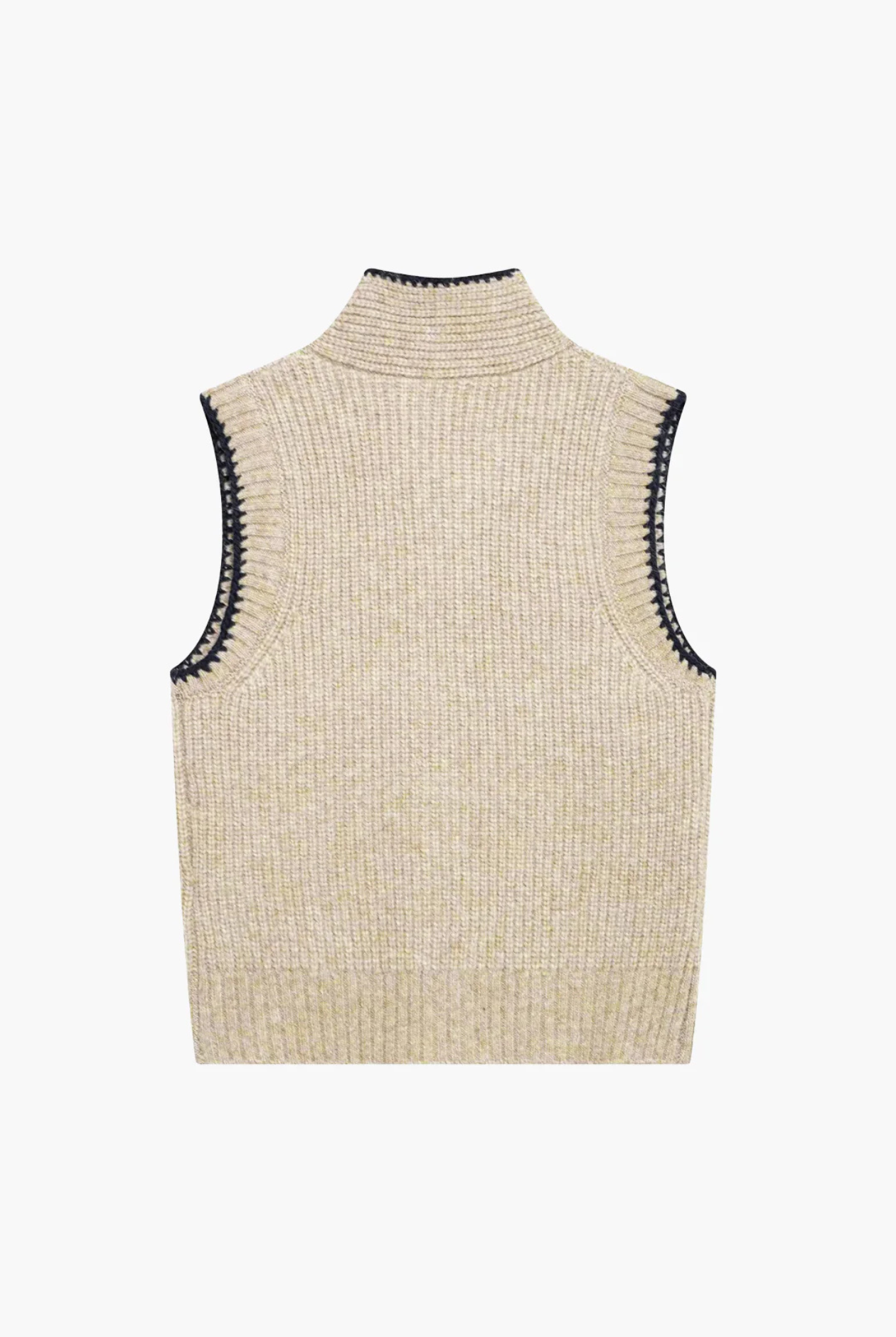 Beige ribbed knit vest with black trim on a white background