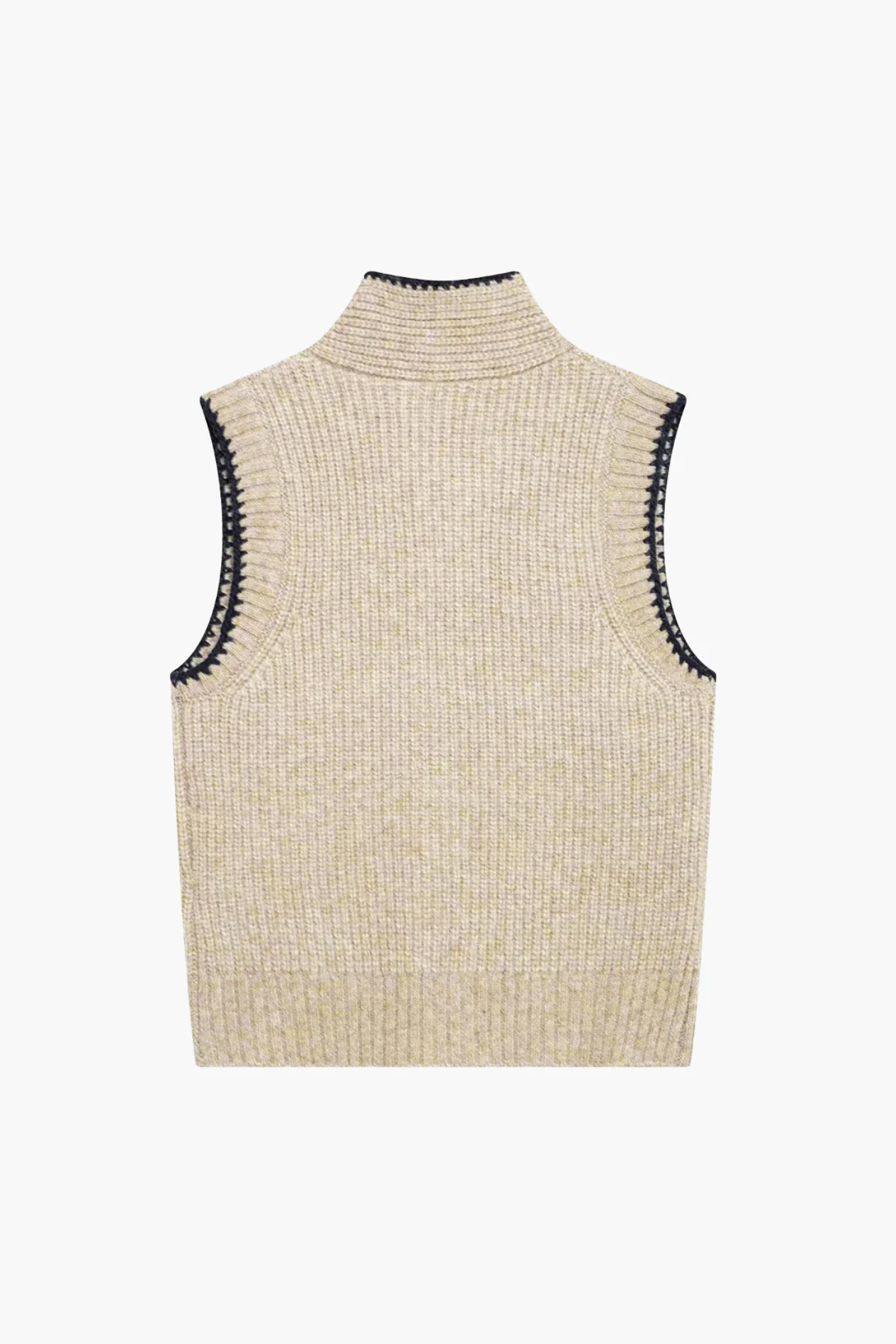 Beige ribbed knit vest with black trim on a white background