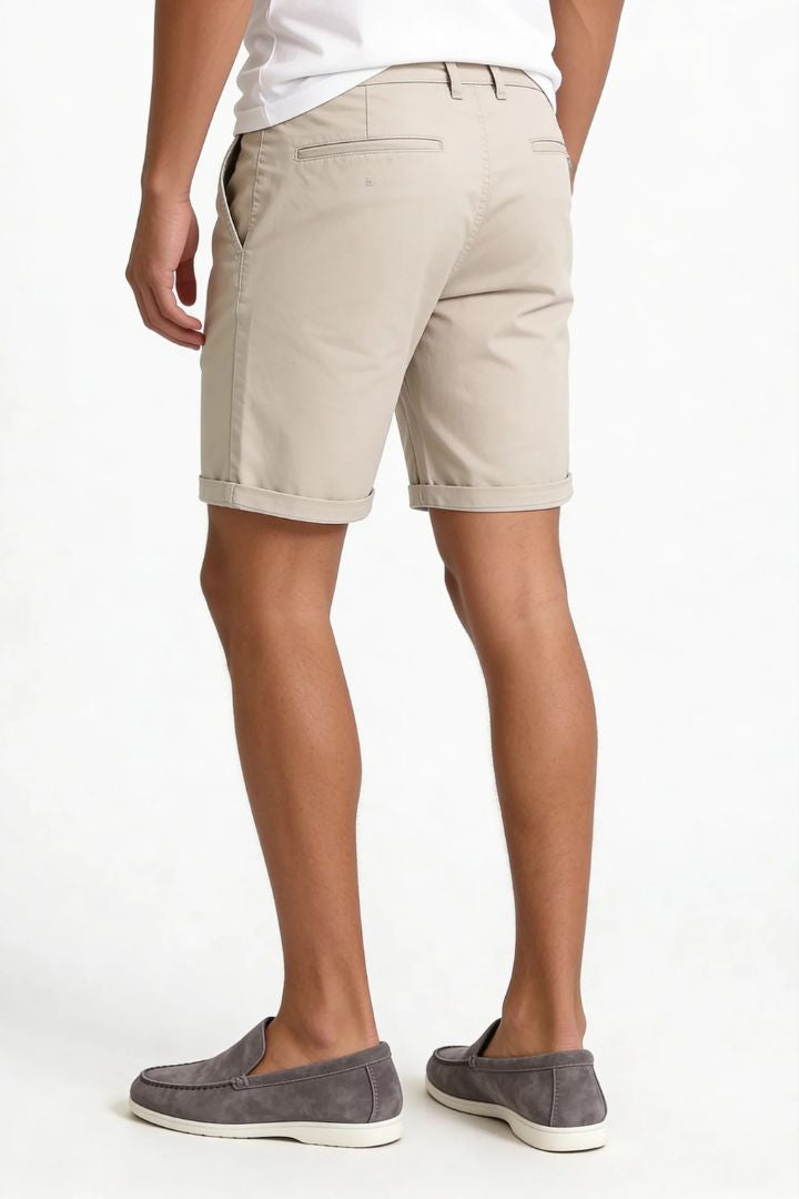 Men’s khaki cotton chino shorts with tailored fit designed for breathable summer comfort back view