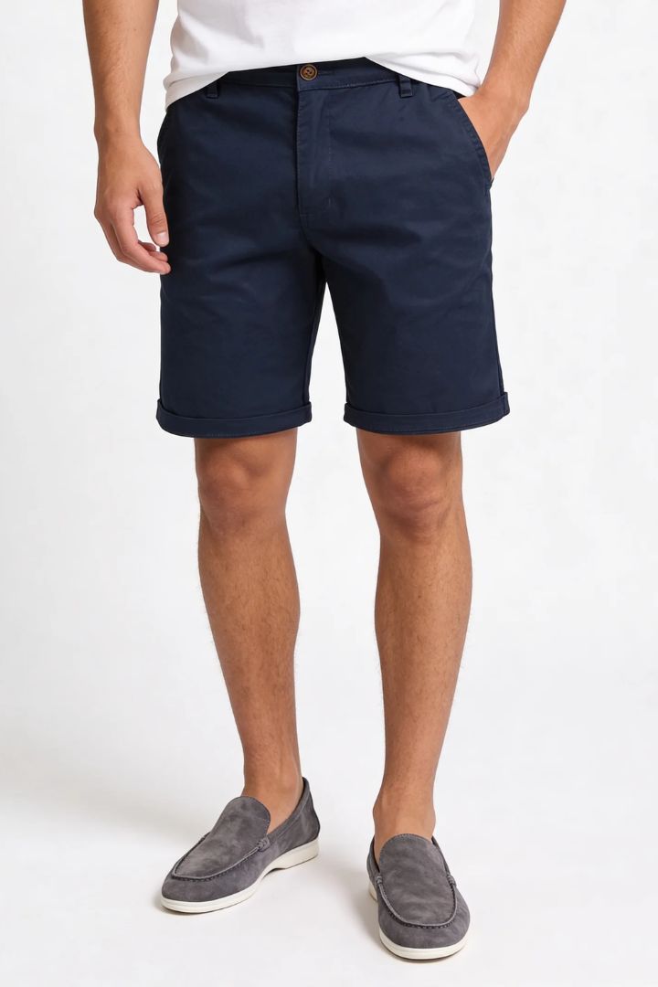 Men’s navy cotton chino shorts with tailored fit designed for breathable summer comfort front view