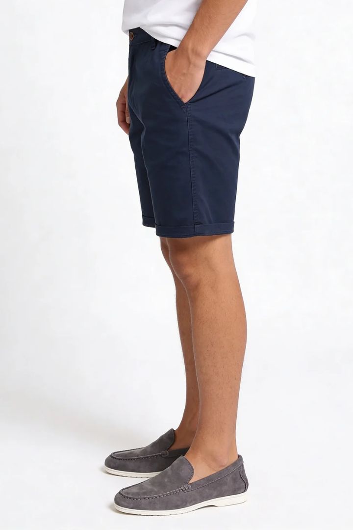 Men’s navy cotton chino shorts with tailored fit designed for breathable summer comfort side view