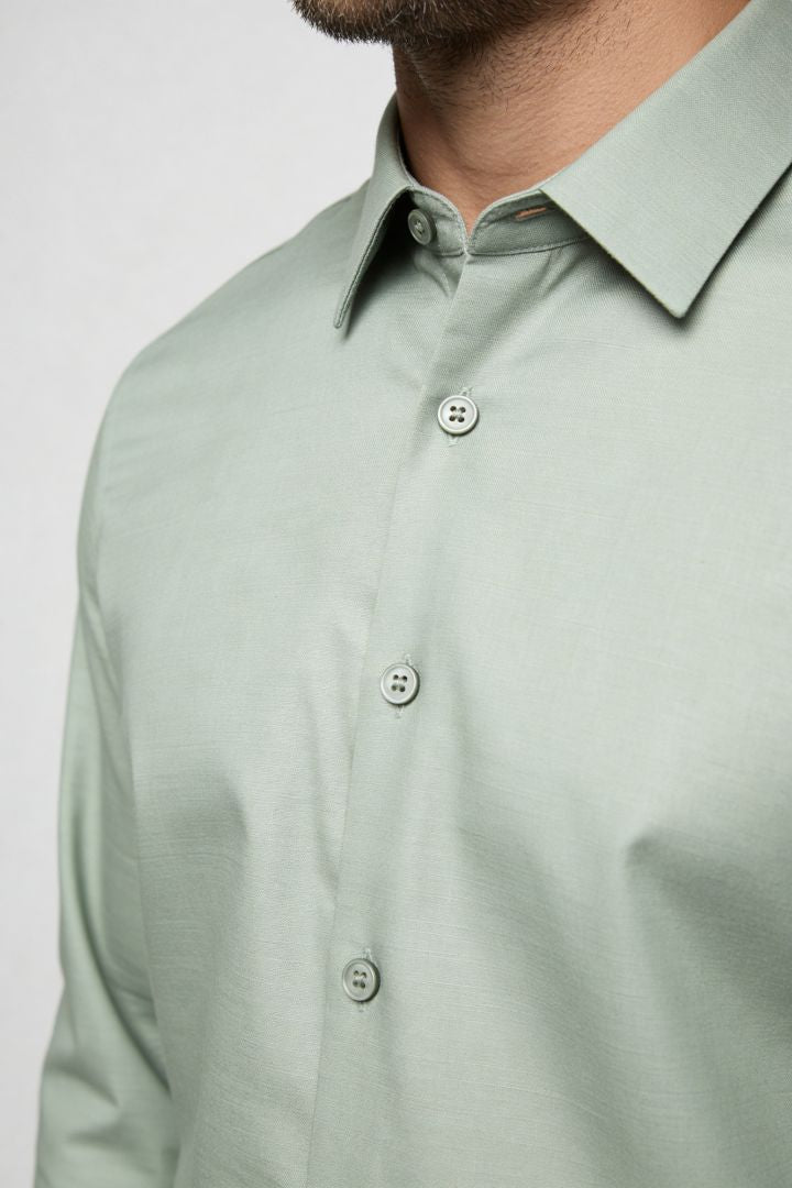 Lavencio Men’s tailored modal dress shirt in sage green with modern slim fit close-up
