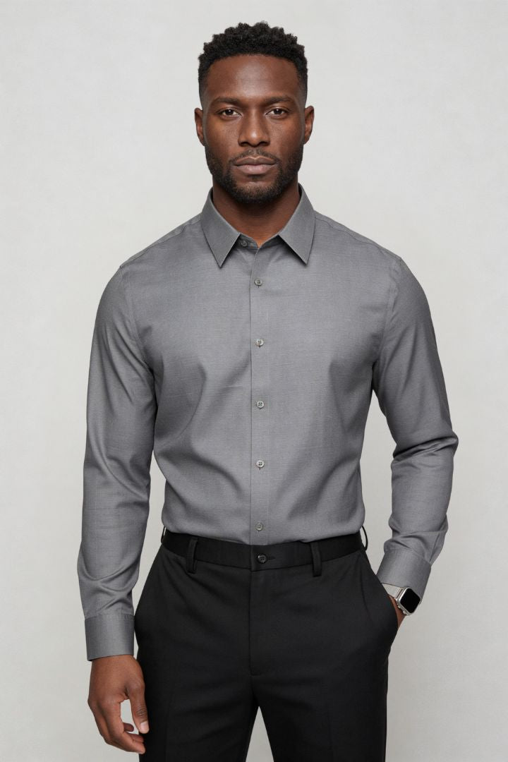 Lavencio Men’s tailored modal dress shirt in gray with modern slim fit front pose