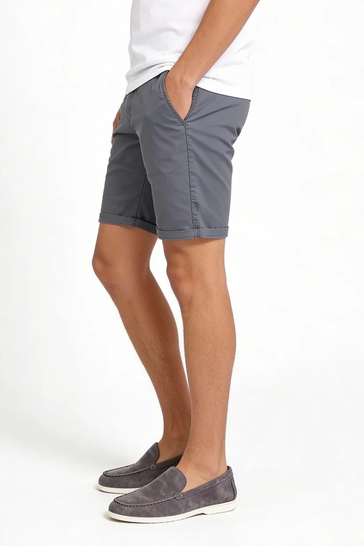 Men’s slate gray cotton chino shorts with tailored fit designed for breathable summer comfort side view