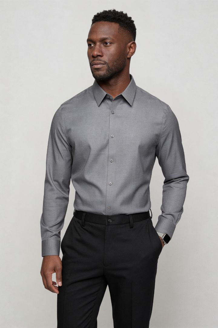 Lavencio Men’s tailored modal dress shirt in gray with modern slim fit side pose