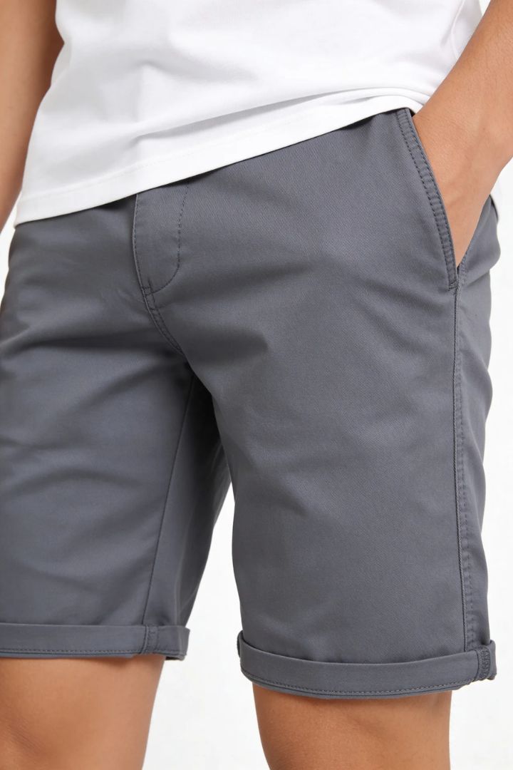 Men’s slate gray cotton chino shorts with tailored fit designed for breathable summer comfort close-up