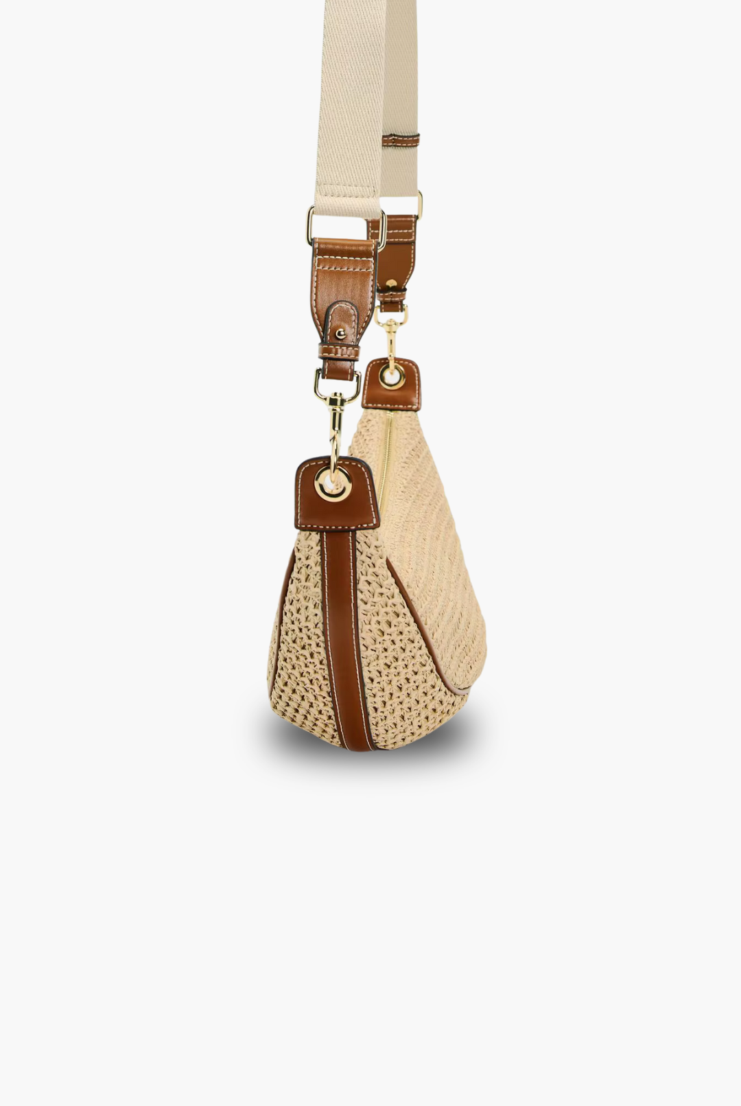 Beige handbag with brown accents on a white background