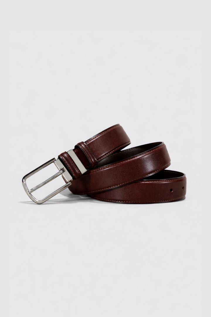 Lavencio Men’s 3.8cm top grain leather dress belt with silver buckle in espresso brown