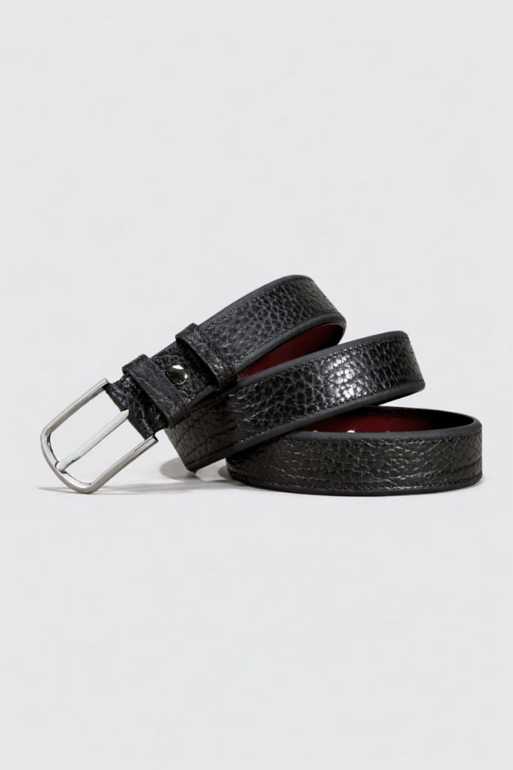 Lavencio Men’s textured top grain leather belt with polished buckle in Jet black