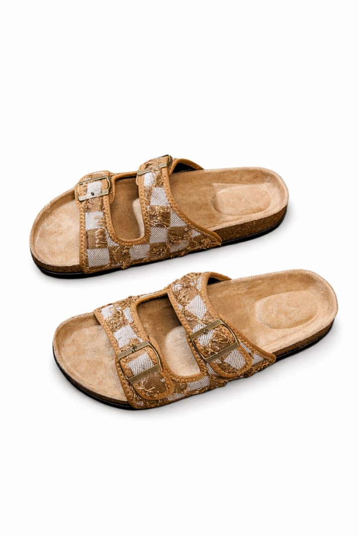 Men wearing woven double buckle sandals cork footbed lightweight summer slides casual comfort top view