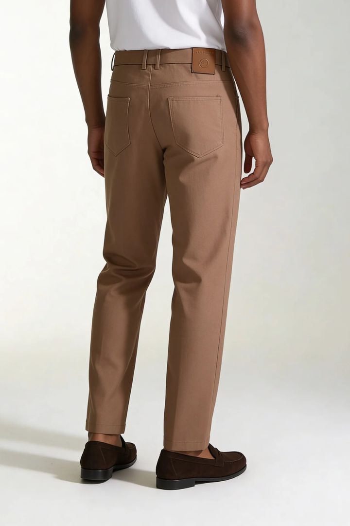 Men’s lightweight lyocell linen tailored trousers in warm brown tone back