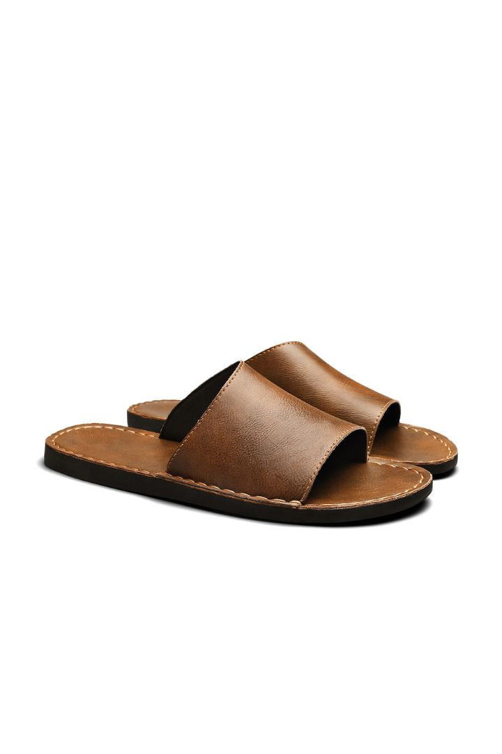 Men's brown leather slide sandals minimalist slip-on summer sandals comfortable casual slides