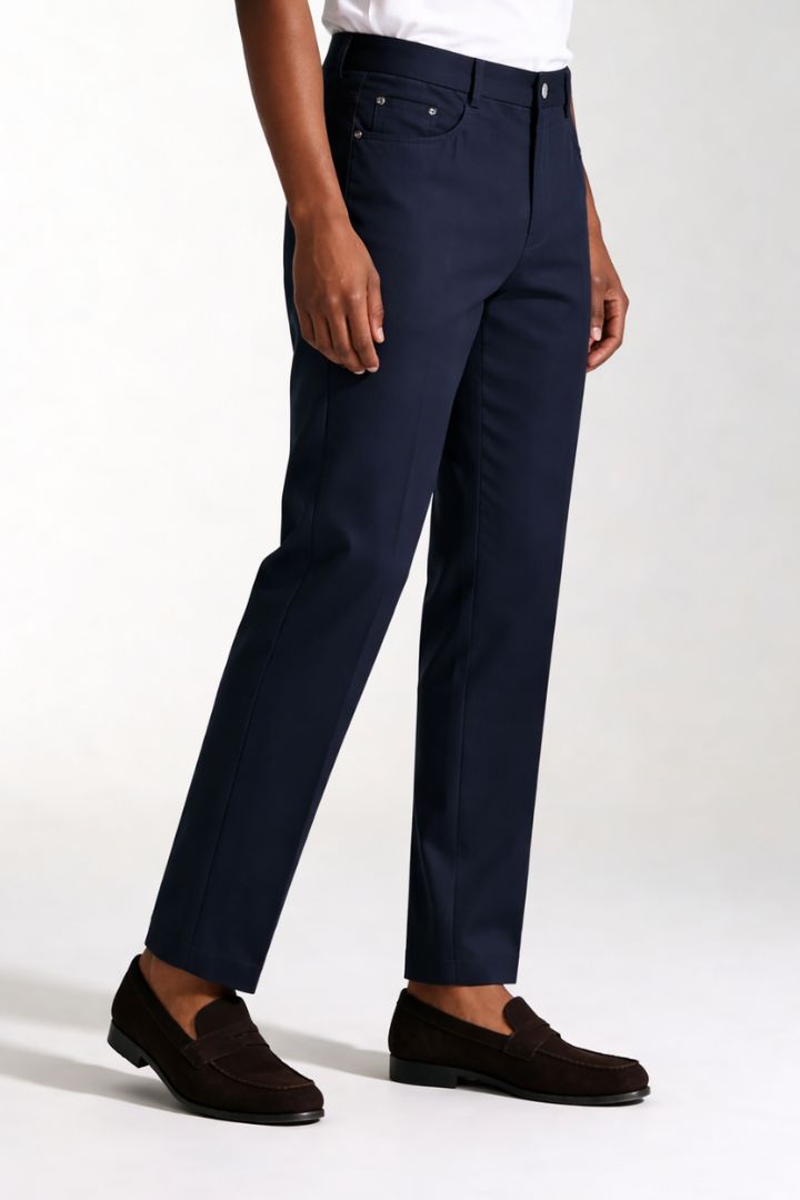 Lavencio Men’s lightweight lyocell linen tailored trousers in navy tone side