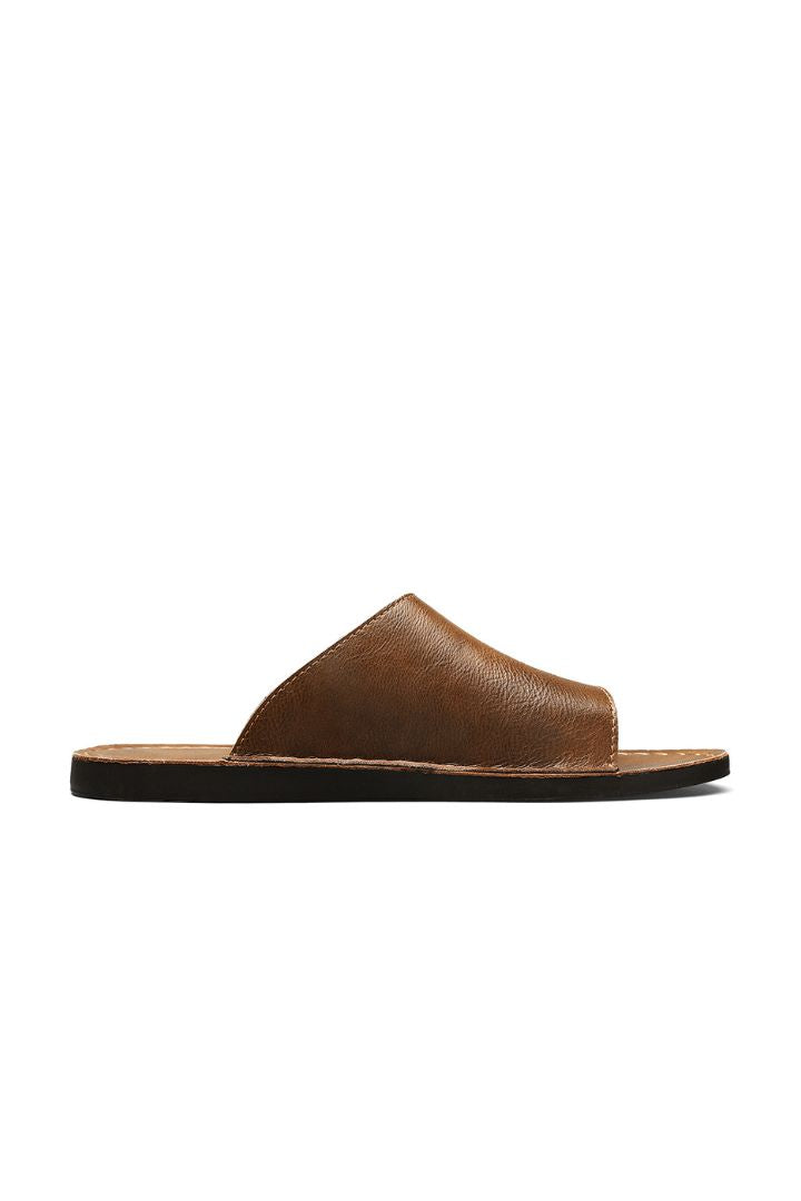 Men's brown leather slide sandals minimalist slip-on summer sandals comfortable casual slides side view