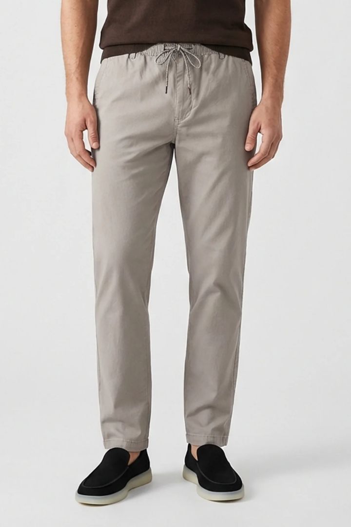 Men’s Sandstone Cotton Drawstring Trousers – front view, smart-casual fit