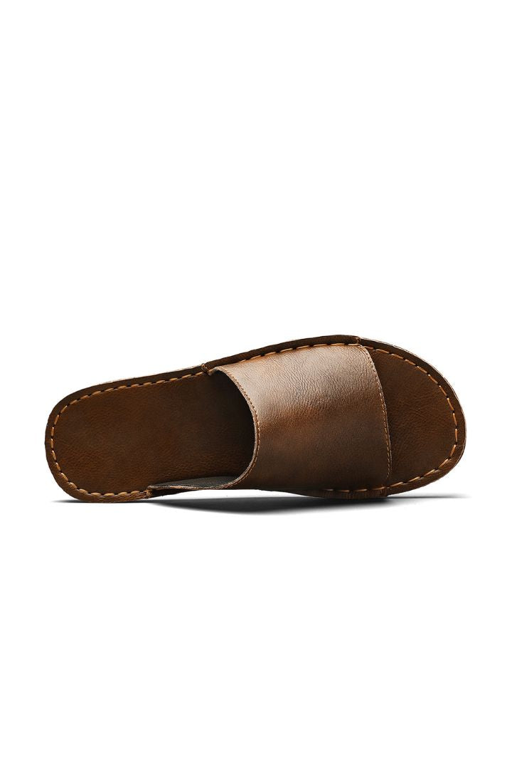 Men's brown leather slide sandals minimalist slip-on summer sandals comfortable casual slides upper view