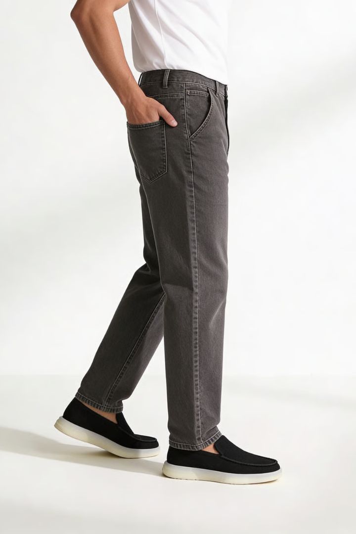 Men’s straight leg 100% cotton jeans in washed gray denim side