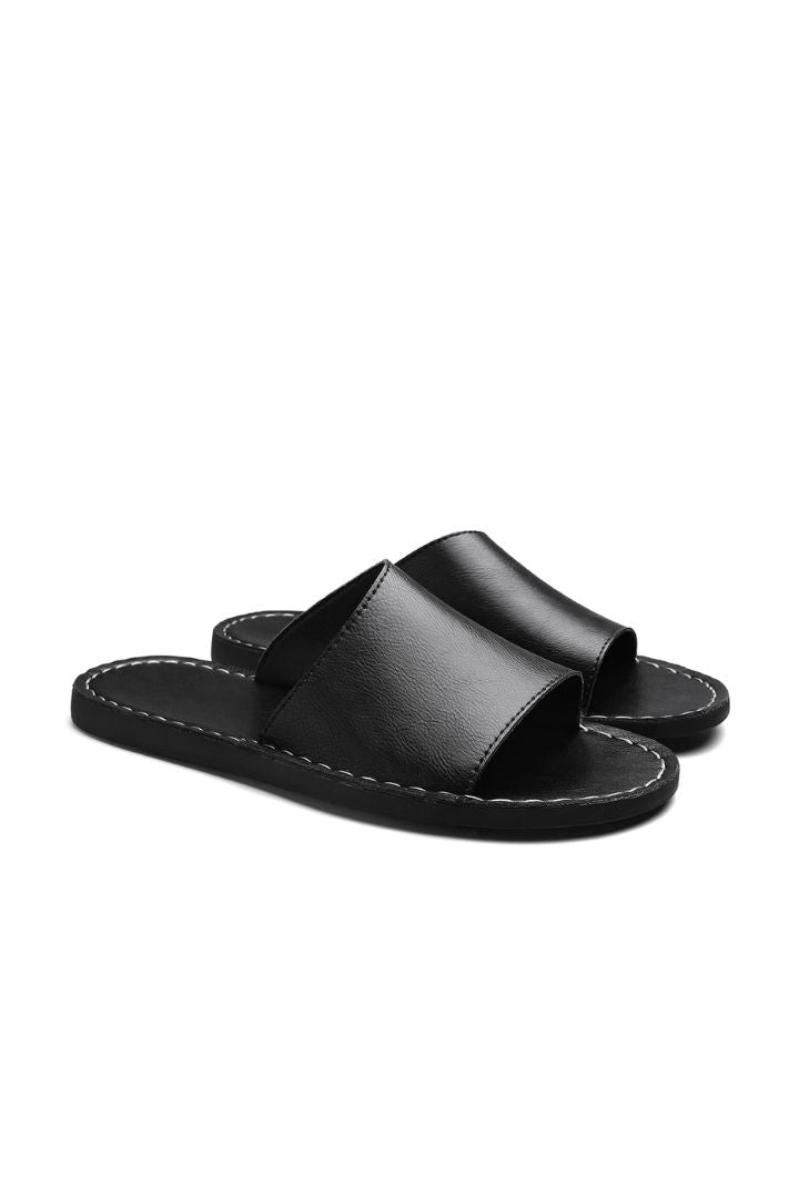 Men's black leather slide sandals minimalist slip-on summer sandals comfortable casual slides