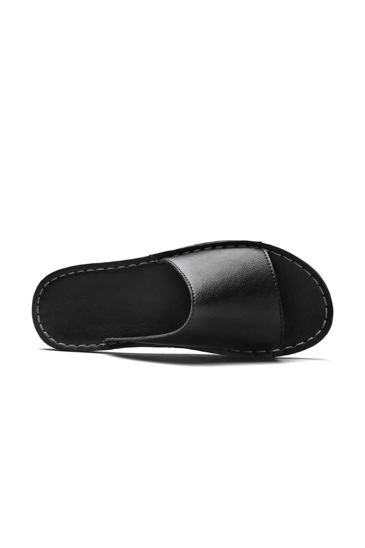 Men's black leather slide sandals minimalist slip-on summer sandals comfortable casual slides upper view