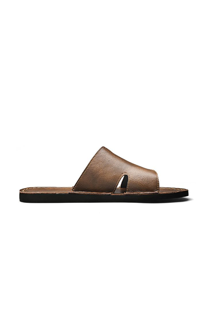 Men’s brown minimalist leather slide sandals with cowhide upper and stitched sole design side view