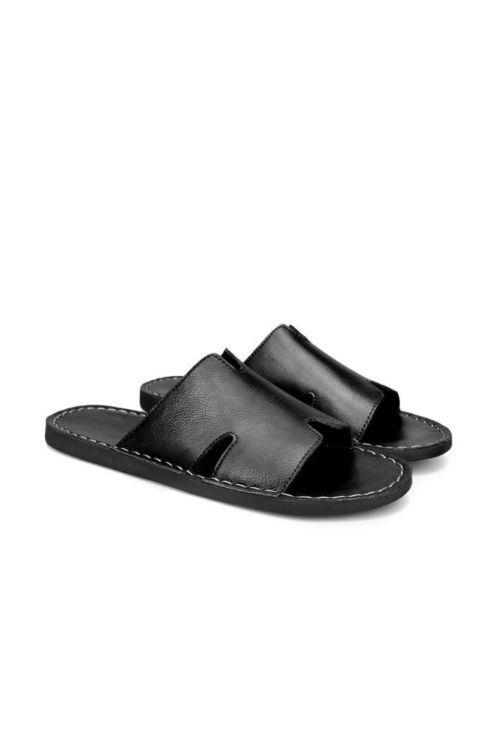 Men’s black timeless leather slide sandals with cowhide upper and stitched sole design