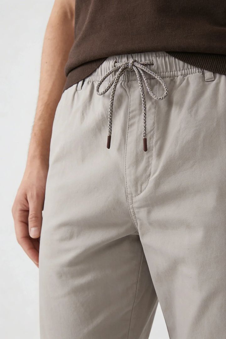 Men’s Sandstone Cotton Drawstring Trousers – close-up view, smart-casual fit