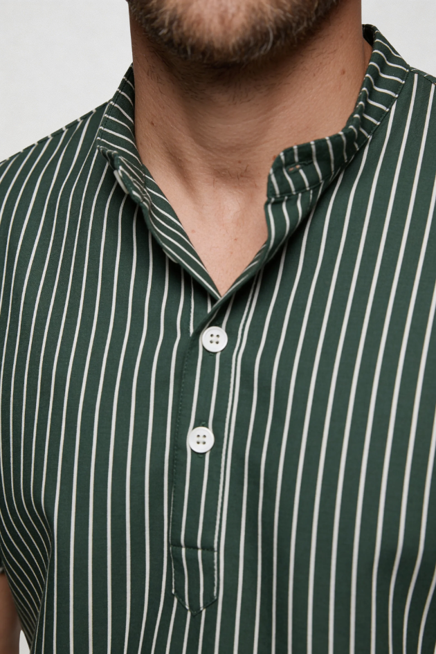 Men’s striped henley shirt cotton linen breathable lightweight summer short sleeve shirt close up