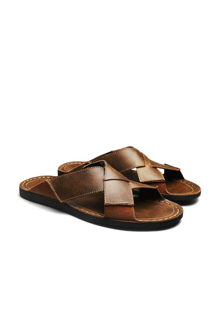 Men’s brown cross-strap leather slide sandals with cowhide upper and stitched footbed design