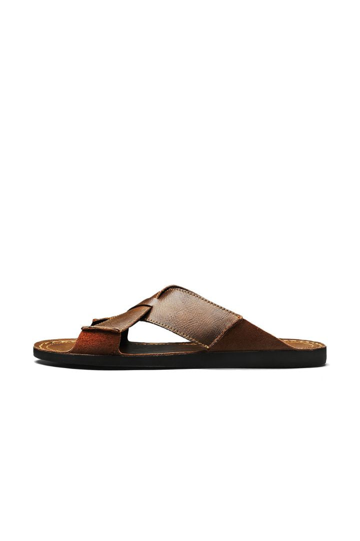 Men’s brown cross-strap leather slide sandals with cowhide upper and stitched footbed design side view