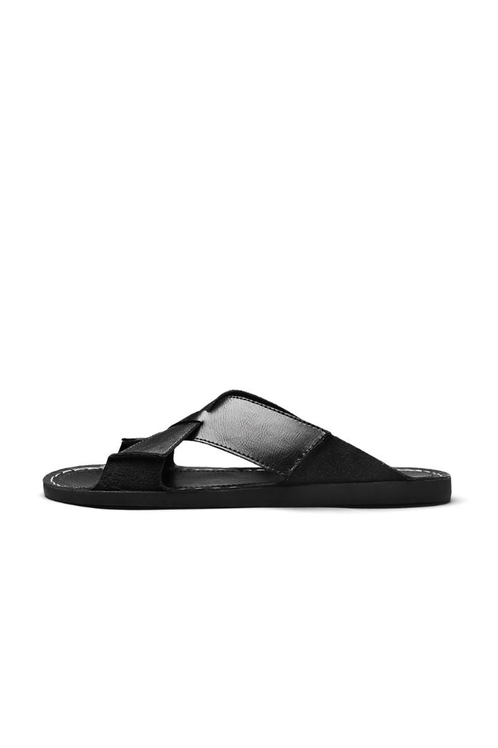 Men’s black cross-strap leather slide sandals with cowhide upper and stitched footbed design side view
